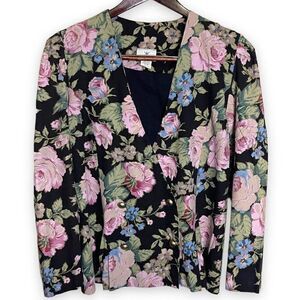 Vintage CB New York Women's Black Blazer Blouse Size 10 Floral Print Cottagecore